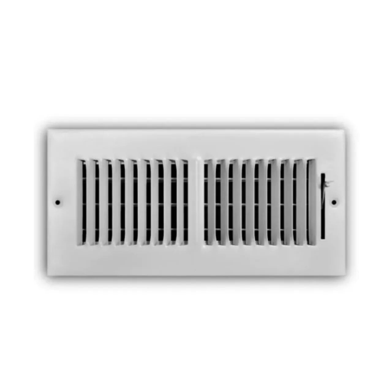 The Go Build 10 in. x 4 in. 2-Way Steel Wall/Ceiling Register in white features vertical slats and a right-side adjustable lever for precise airflow control, shown against a plain white background.